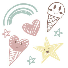 Cute pastel hearts stars ice cream and rainbow doodles vector