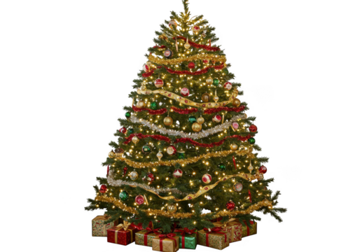 Decorated christmas tree with gifts isolated on transparent background - Powered by Adobe