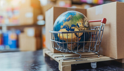 A miniature globe sits in a shopping cart on a wooden pallet amidst cardboard boxes, symbolizing global commerce.