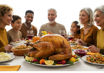 A multigenerational family enjoys a thanksgiving dinner together isolated on transparent background