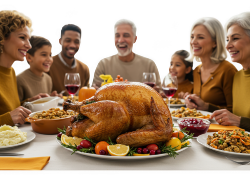 A multigenerational family enjoys a thanksgiving dinner together isolated on transparent background