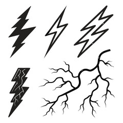 Black lightning bolt icons and branching lines thunder