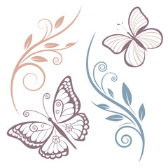 Delicate floral butterfly ornaments in muted tones swirl