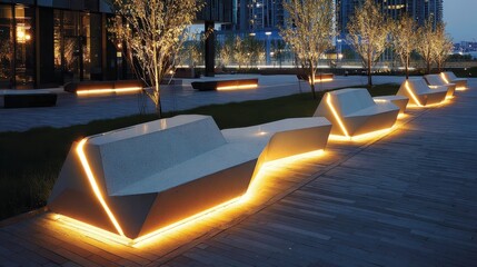 Urban concrete benches with embedded led lighting glowing softly, illuminating nighttime public space with minimalist design and warm architectural ambiance