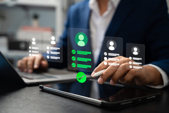 Human resource management technology (HR), Human resource manager touching human resource network structure and checks the CV online to choose the perfect employee for company, Effective recruitment.