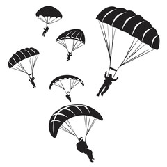 Diverse skydivers descending with parachutes black silhouettes skydiving sport