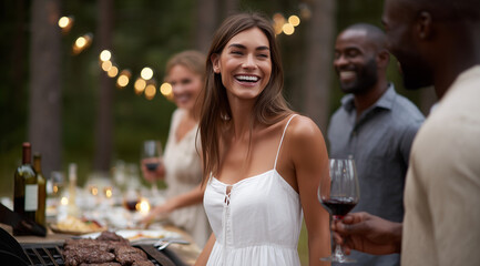 A group of friends enjoying an outdoor barbecue in the woods, with lights strung from the trees and wine bottles on the tables. The woman is wearing a white dress, laughing while s