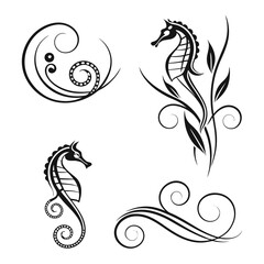 Black seahorse and floral swirls decorative ornamental