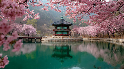 Serene lake with pagoda and cherry blossoms