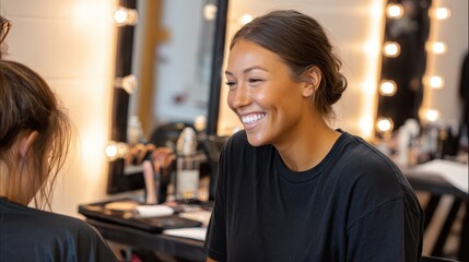 Professional makeup artist conversing with client, applying cosmetic products for special event, beauty salon setting with brushes and makeup accessories