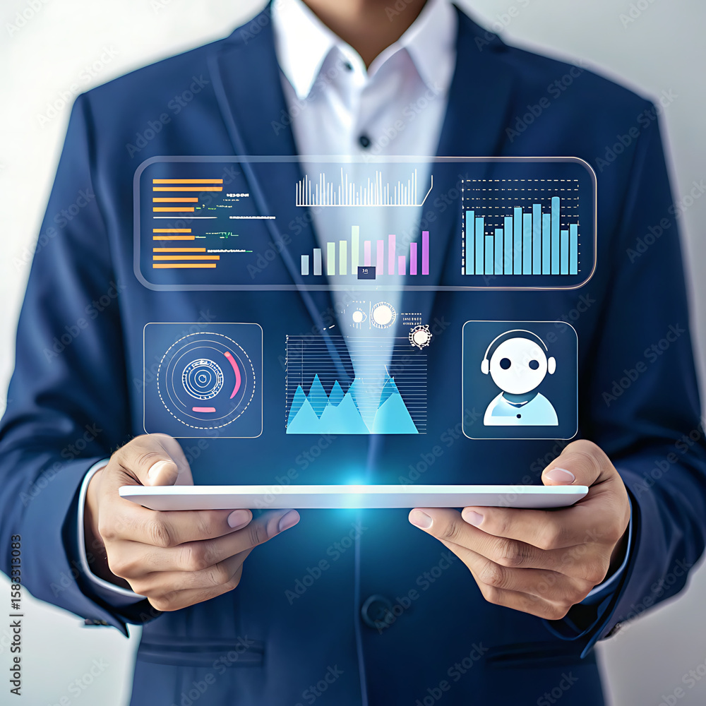 Poster businessman analyzing futuristic data dashboard on digital tablet with ai assistant icon