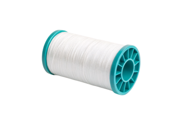 White thread spool with teal plastic ends wound with bright white colored sewing thread, isolated on a transparent background