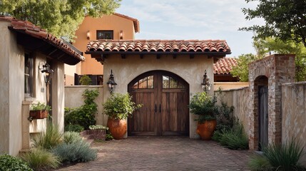 Obraz premium Charming rustic entrance with wooden doors and Mediterranean landscaping in a serene setting.