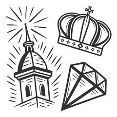 Black tower crown and diamond icons white