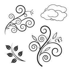 Black Swirls Leaves and Butterfly with Clouds white