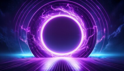 neon purple doorway portal with luminous lightning on dark blue background futuristic time travel psd light halo energetic circle energy effect on isolated white background purple circle
