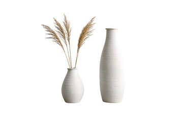 Two cream textured ceramic vases with one holding fluffy dried pampas grass plumes arrangement, isolated on a transparent background