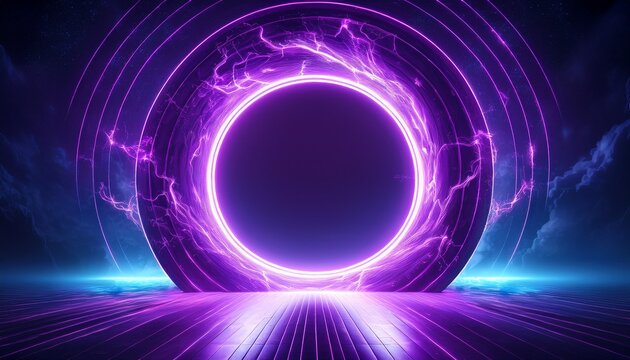 neon purple doorway portal with luminous lightning on dark blue background futuristic time travel psd light halo energetic circle energy effect on isolated white background purple circle - Powered by Adobe