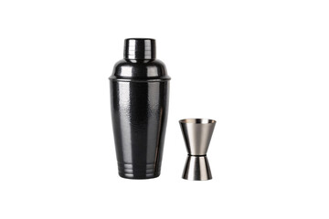 Black cocktail shaker with silver jigger measuring cup displayed beside it showing bar tools, isolated on a transparent background