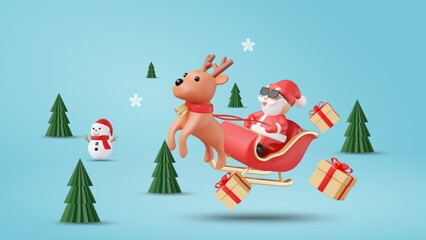 3D vector illustration rendering of Santa Claus wearing sunglasses, riding a sleigh pulled by reindeer in mid-air with floating gifts, Christmas tree, snowman. Bright and fun Christmas atmosphere.