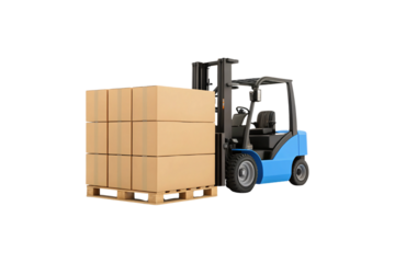 Blue and black forklift carrying stacked cardboard boxes on wooden pallet for warehouse operations, isolated on a transparent background