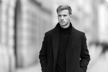 male model in monochrome autumn look walking urban alley, 