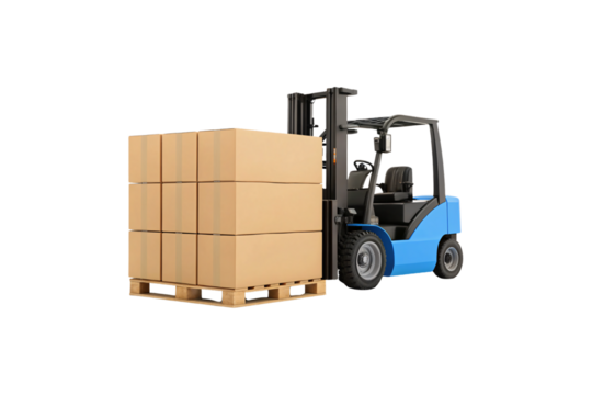 Blue and black forklift carrying stacked cardboard boxes on wooden pallet for warehouse operations, isolated on a transparent background