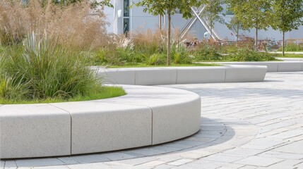 Circular concrete benches defining contemporary urban park design, complementing green landscaping and sleek paving with minimalist seating arrangement