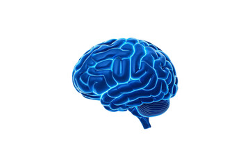 Blue glowing brain with electric neural pathways and synaptic connections illuminated brightly, isolated on a transparent background