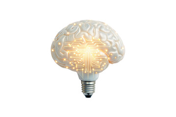 White brain lightbulb with golden circuit patterns and warm glowing electrical connections, isolated on a transparent background