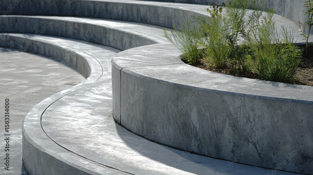 Aufkleber sunlight illuminates smooth, curved concrete steps and a built in planter filled with greenery, crea