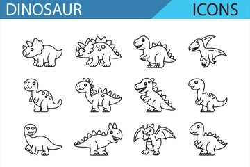 A fun collection of dinosaur icons featuring various species, including Stegosaurus, Brachiosaurus, and Tyrannosaurus Rex. Perfect for children's themes, education, and prehistoric design projects.