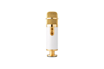 Naklejka premium Modern USB microphone with gold grille and white body featuring dual input ports, isolated on a transparent background