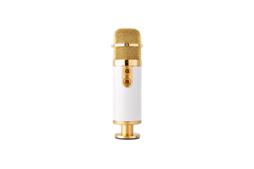 Modern USB microphone with gold grille and white body featuring dual input ports, isolated on a transparent background