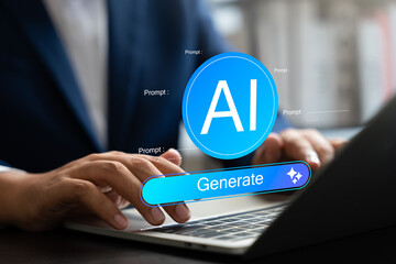 Businessman interacts with generative AI interface using prompt input to create content,Visuals, innovative ideas. Advanced technology, artificial intelligence,Creativity tools in digital work.