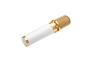 Handheld microphone with gold mesh head and white handle in horizontal position, isolated on a transparent background