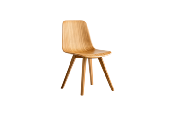 Organic-shaped wooden dining chair with curved backrest and seat, warm wood tone and modern design, isolated on a transparent background
