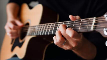 Close-up of male playing acoustic guitar with focused hand movement