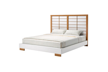 Contemporary Japanese-style bed with wooden grid headboard and white platform base in modern bedroom, isolated on a transparent background