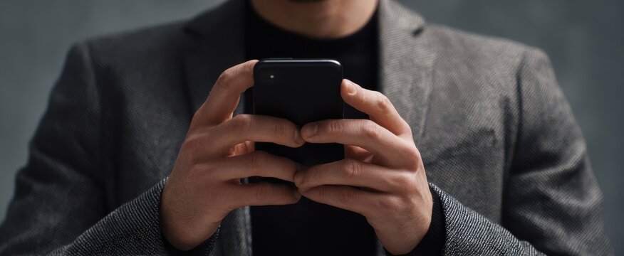 The sleek smartphone held by a professional in a stylish suit.