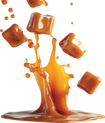 Obraz premium Caramel candy pieces and splash illustration on white background sweets toffee