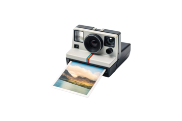 Vintage instant camera with rainbow stripe printing landscape photo, isolated on a transparent background