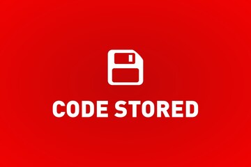 Code Stored text and icon on a red background