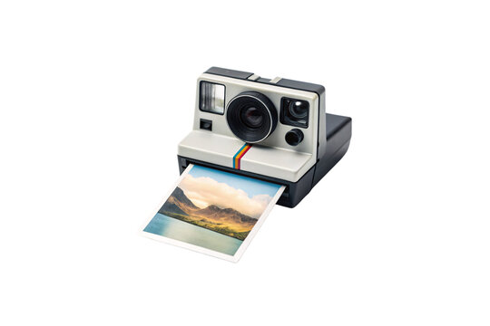 Vintage instant camera with rainbow stripe printing landscape photo, isolated on a transparent background