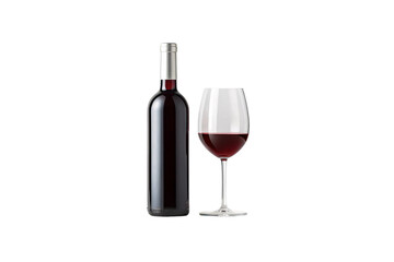 Red wine bottle with filled glass displaying dark burgundy liquid, isolated on a transparent background