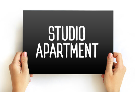 Studio Apartment in which the normal functions of a number of rooms often are combined into a single room, text concept on card