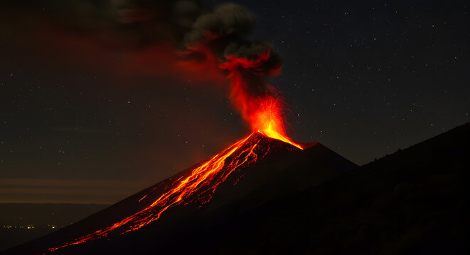 Impressive volcano eruption at night shows glowing lava flows against a starlit sky, a natural display of power and molten earth. - Powered by Adobe