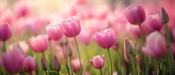 The beautiful scene of vibrant pink tulips blooming in a sunny garden.