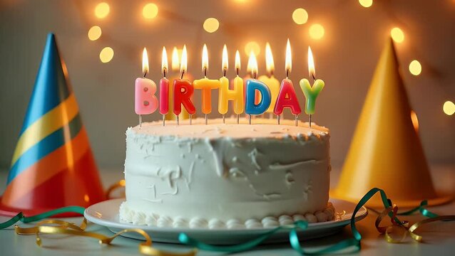 Birthday cake adorned with candles spelling "birthday," set against a festive backdrop.