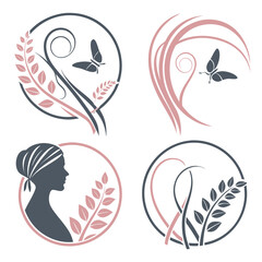 Delicate floral and butterfly emblems with feminine profile